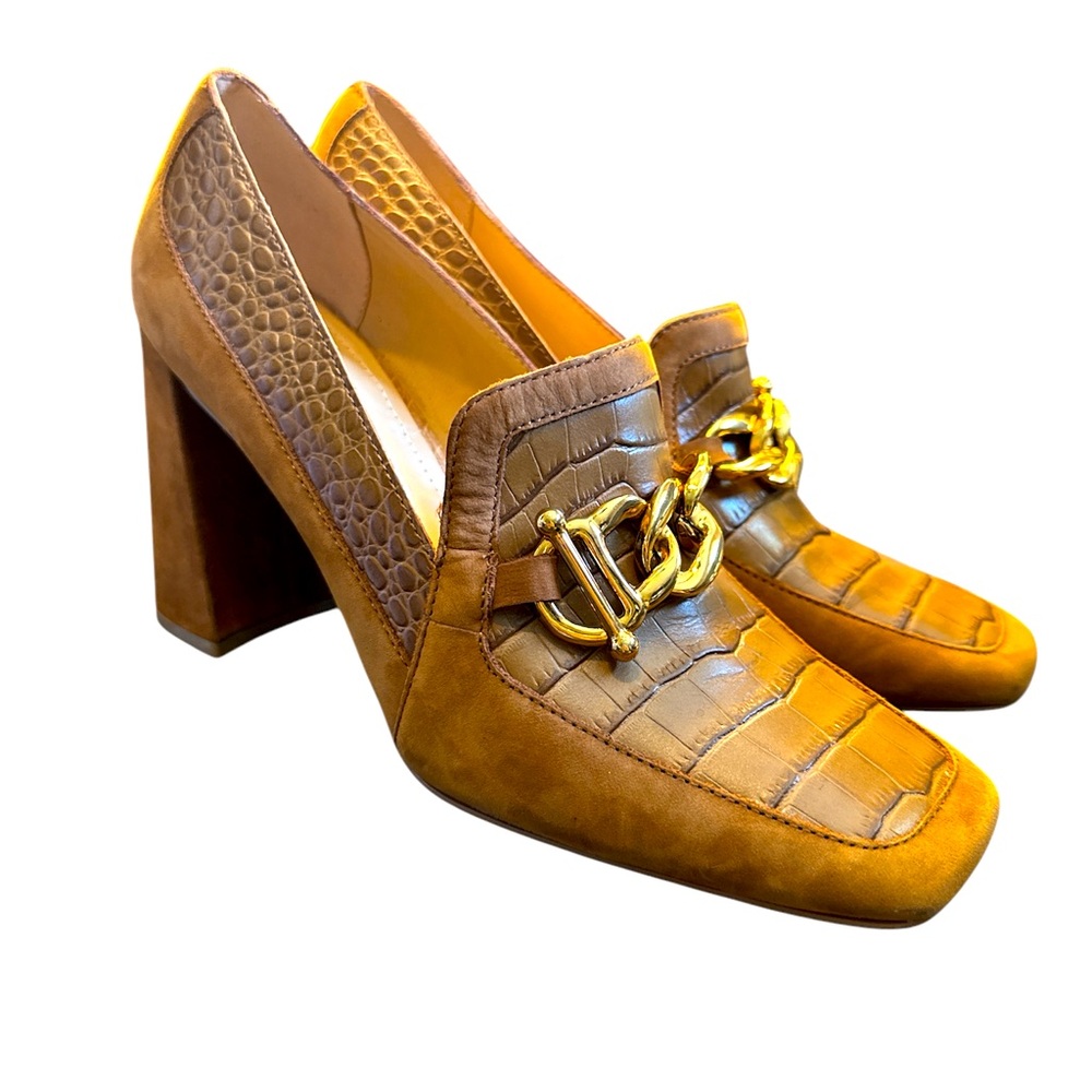 Gibson Latimer Cognac Croc-Embossed Block Heel Loafers with Gold Chain